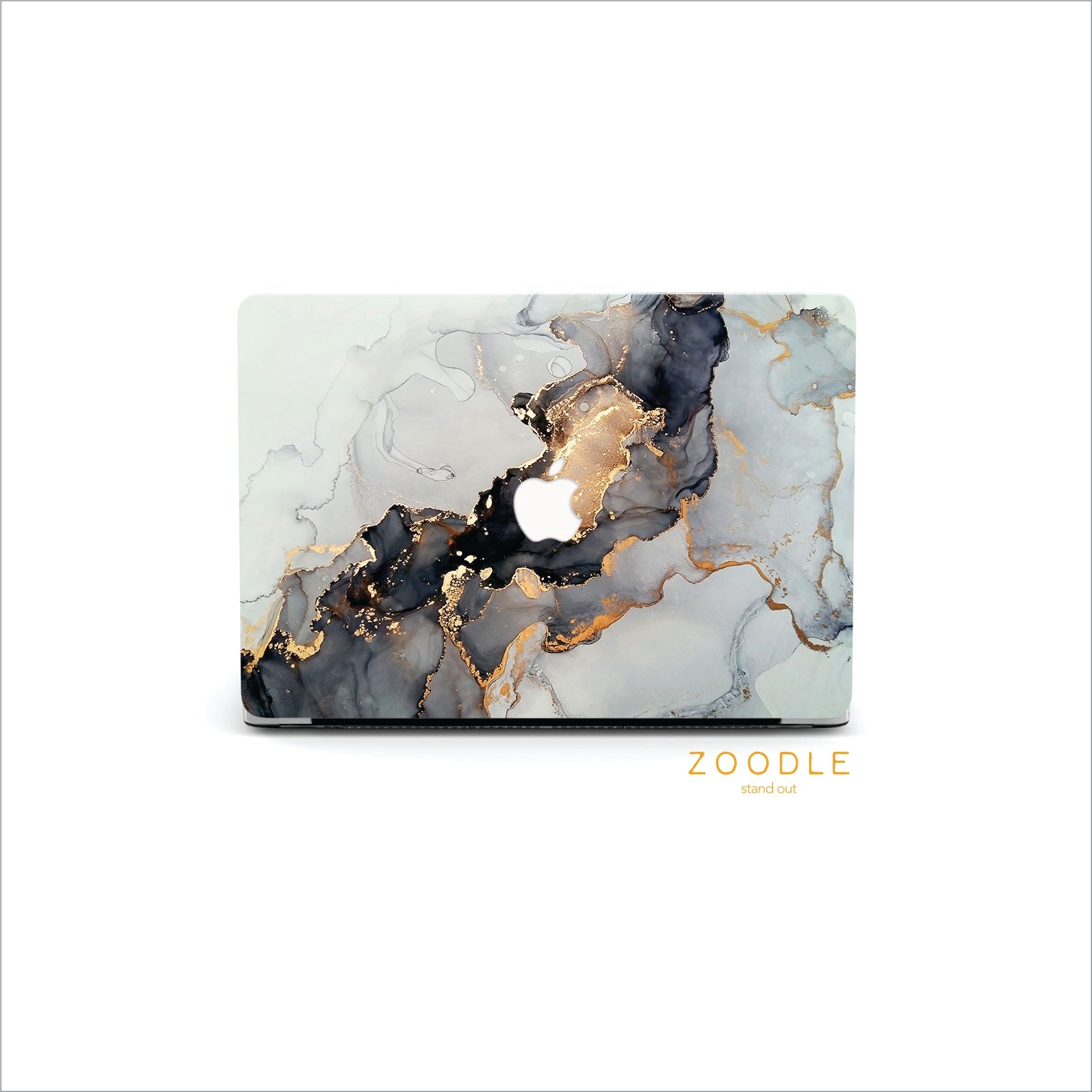 Elegant marble MacBook case with gold and black accents by Zoodle