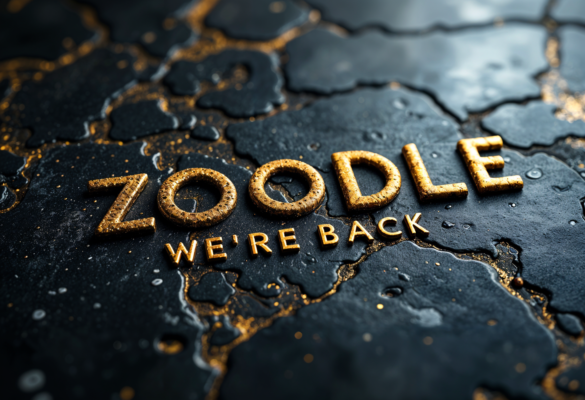 Bold goldenZoodle We're Back" text on cracked black stone background
