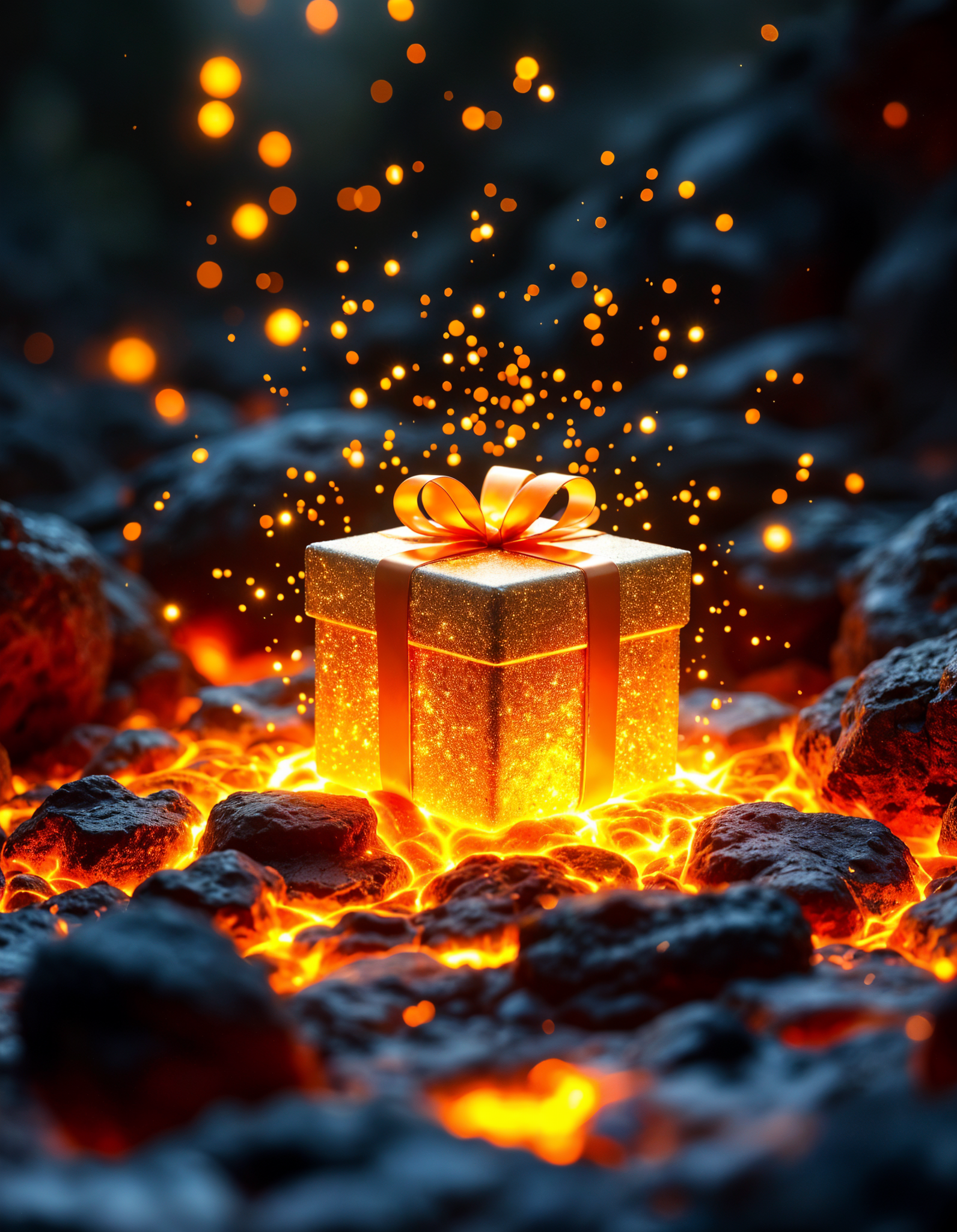 Glowing gift box surrounded by fiery lava and sparkling embers.