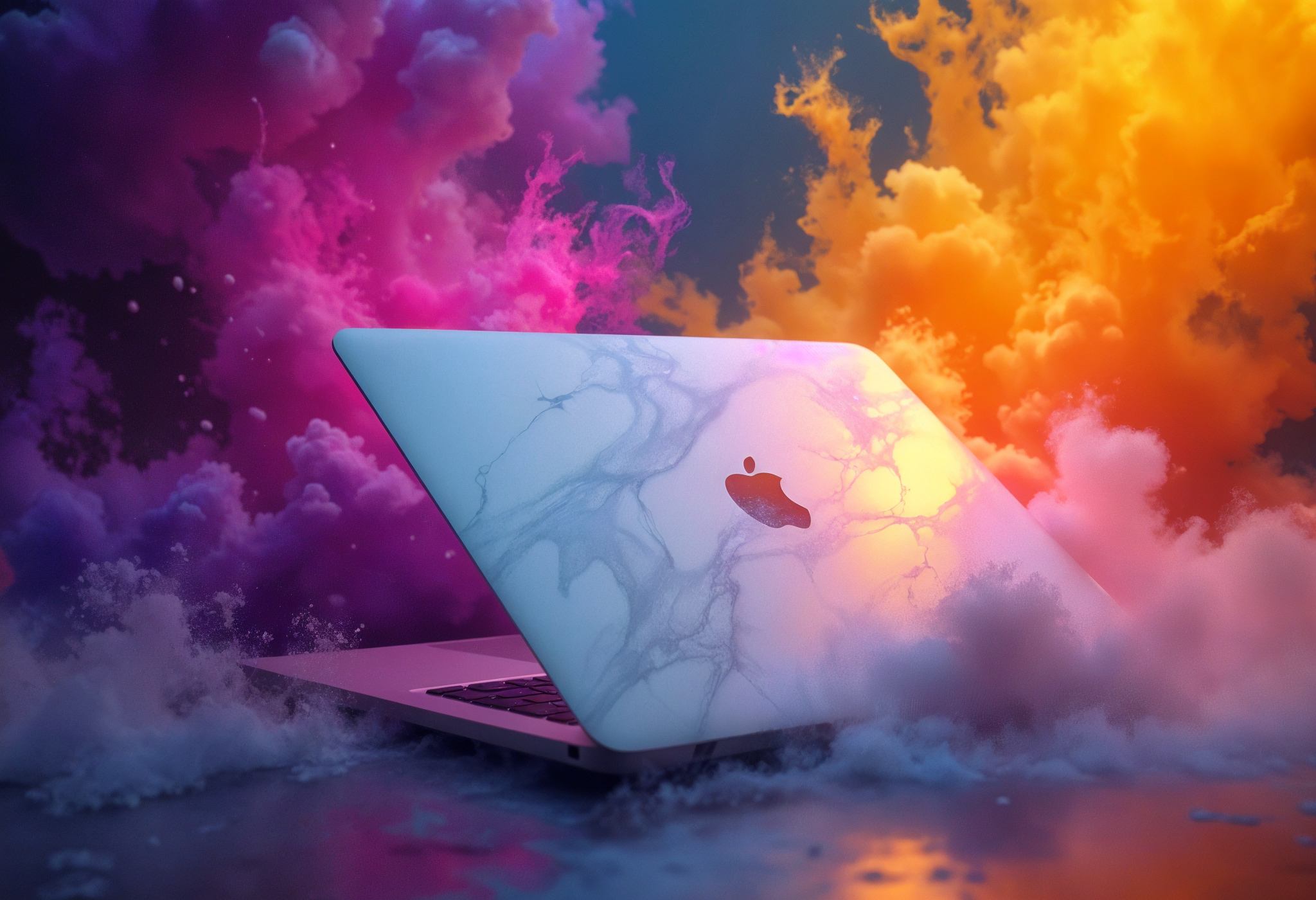 Sleek marble MacBook amid vibrant clouds symbolizing tech expansion