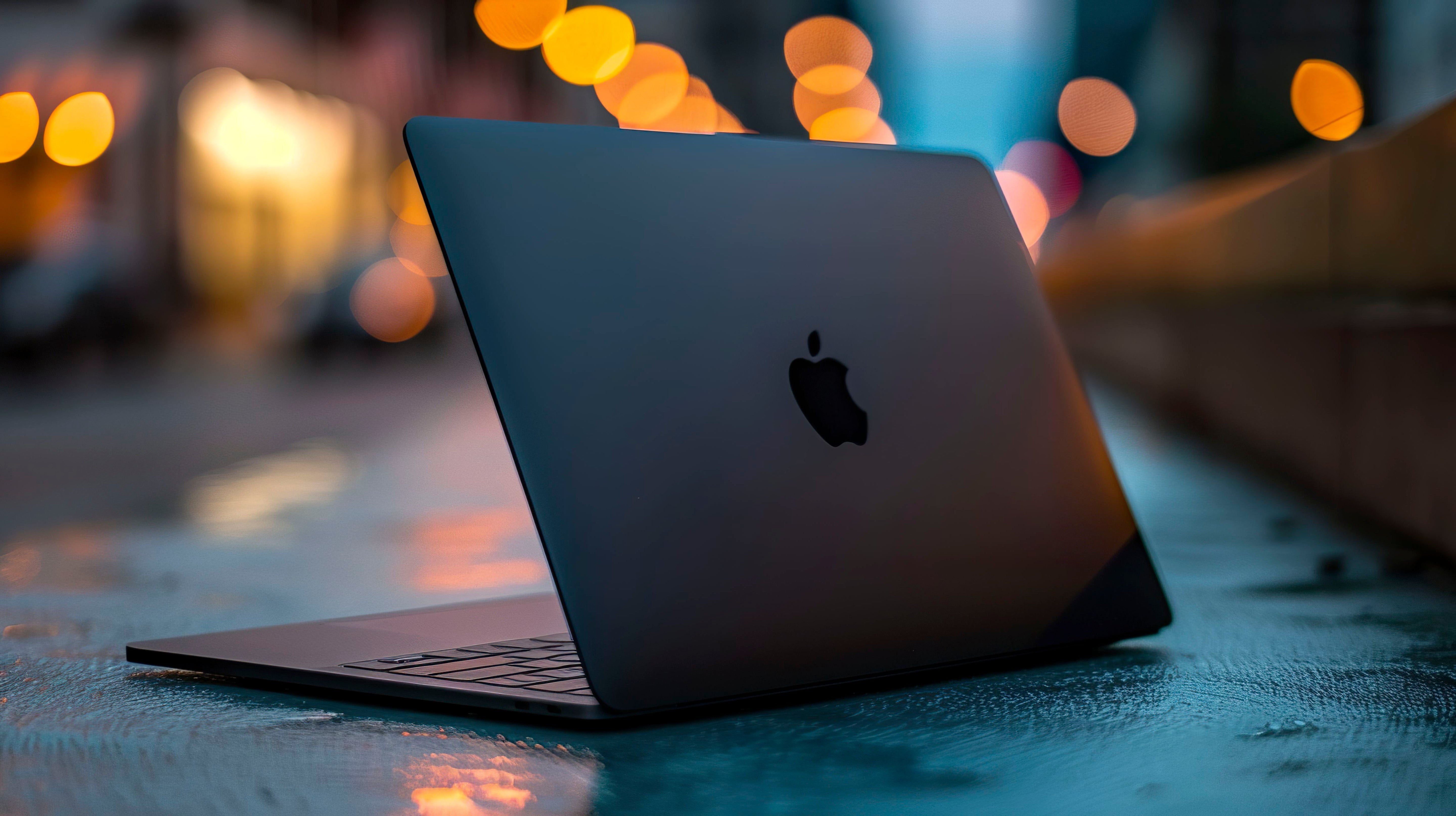 Sleek Apple MacBook on wet city surface with glowing bokeh lights