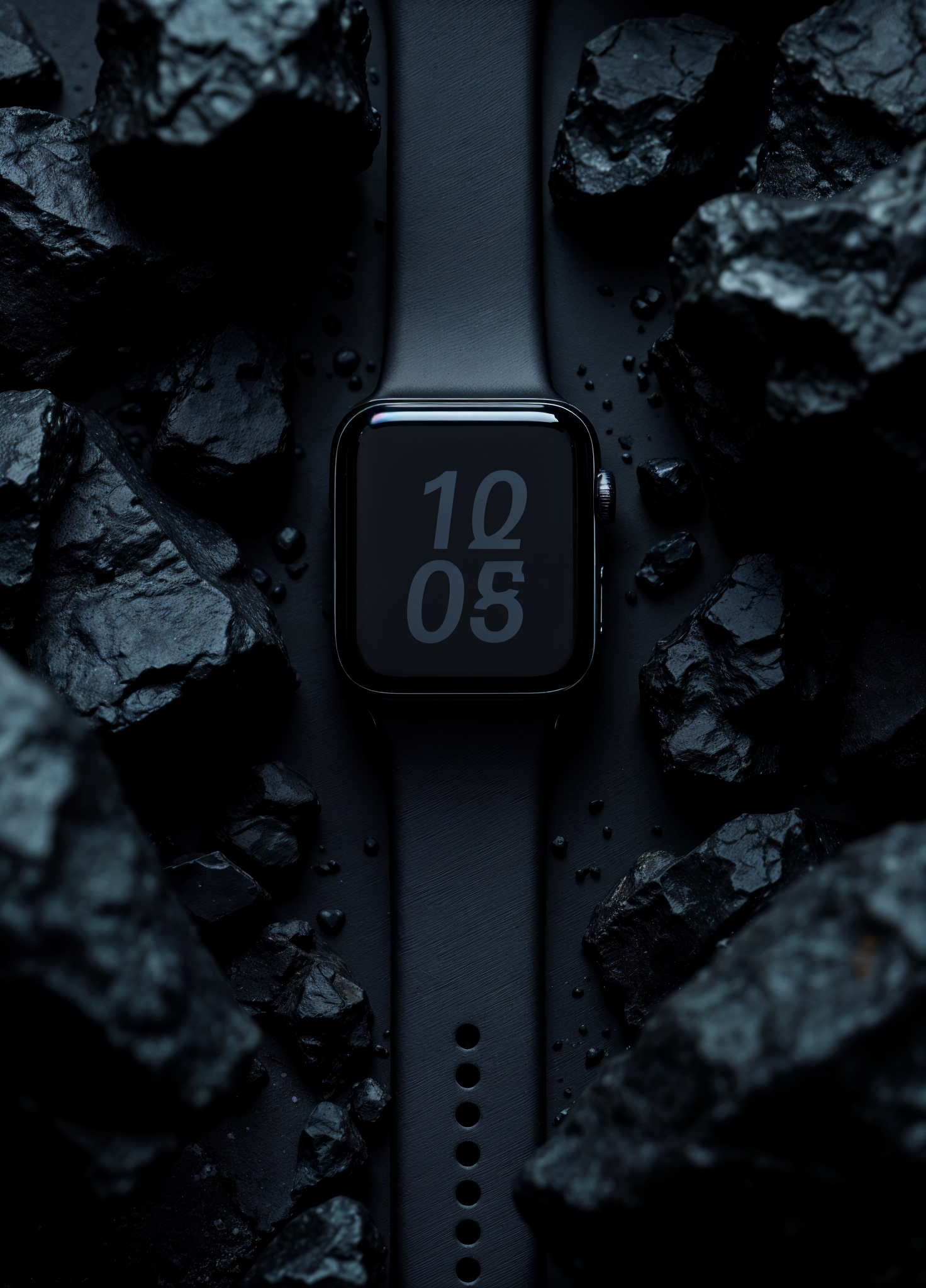 dark smartwatch strap on rocks