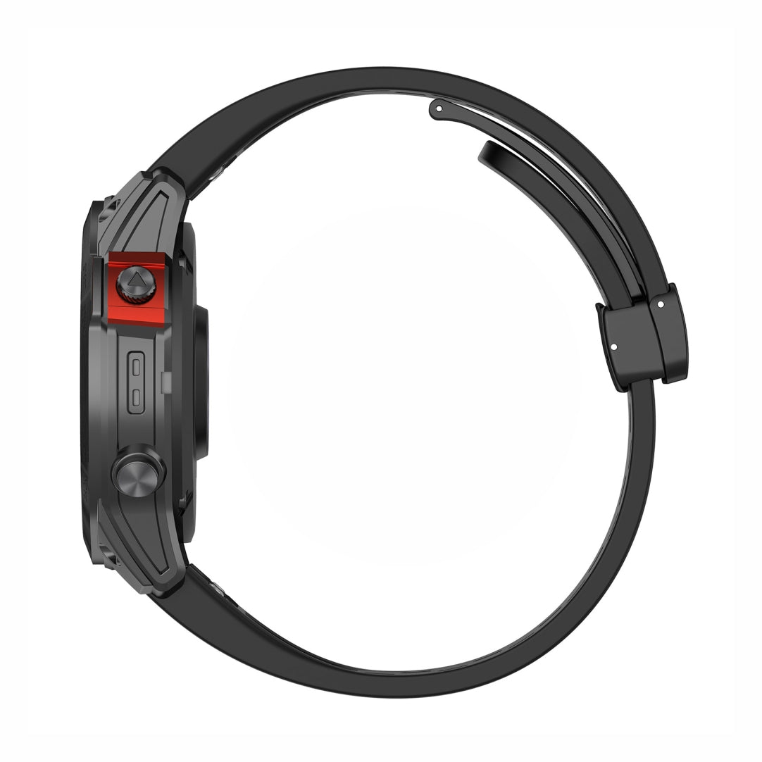 Black silicone strap for Garmin smartwatch with side view display.