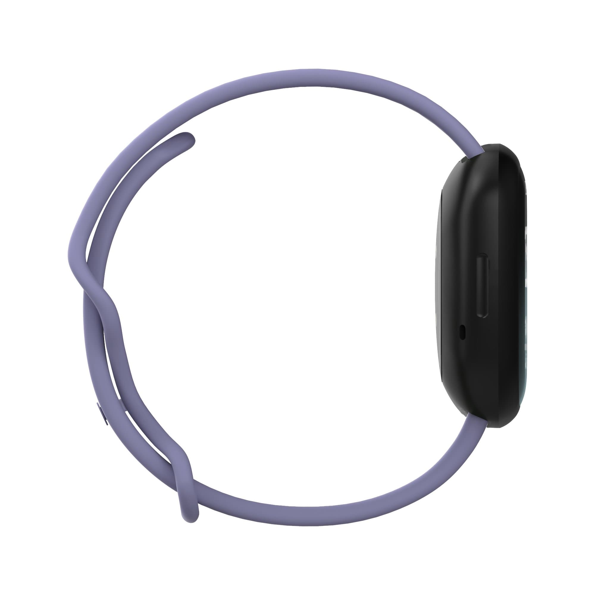 a smartwatch with a sleek black case and a flexible, loop-style lavender watch strap. The strap appears to be made of silicone or a similar soft material, designed for comfort and adjustability.