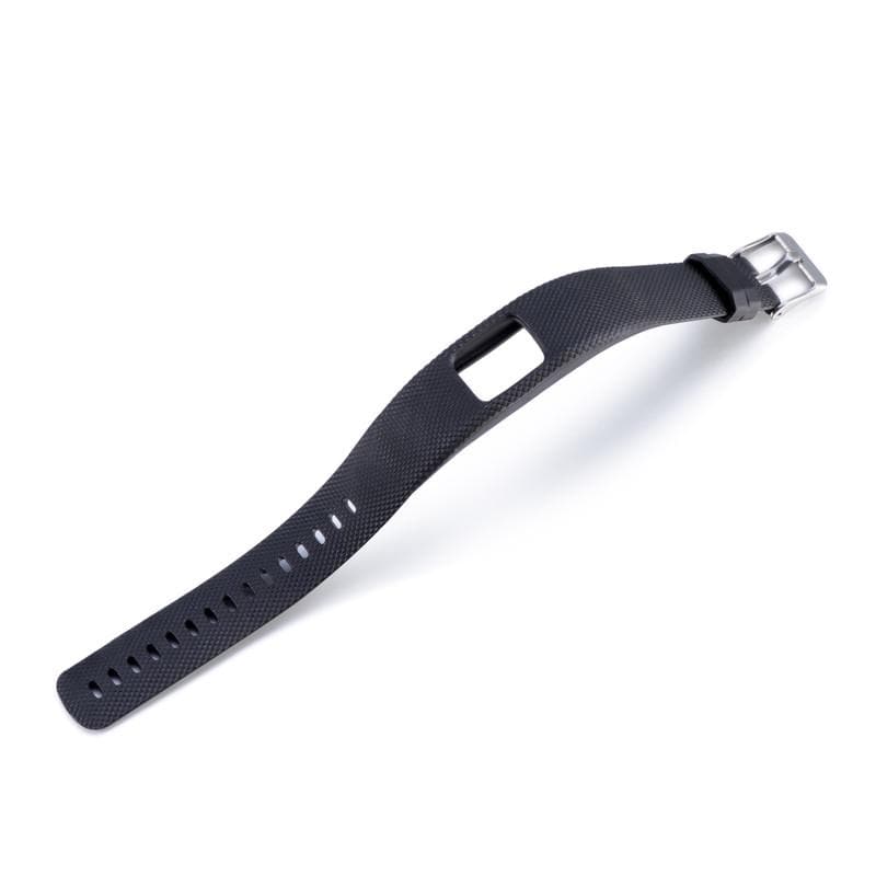 This is a black textured replacement watch strap designed for Garmin fitness trackers or smartwatches. It features a rectangular cutout for the device face, multiple adjustment holes for sizing, and a silver buckle clasp for secure fastening.