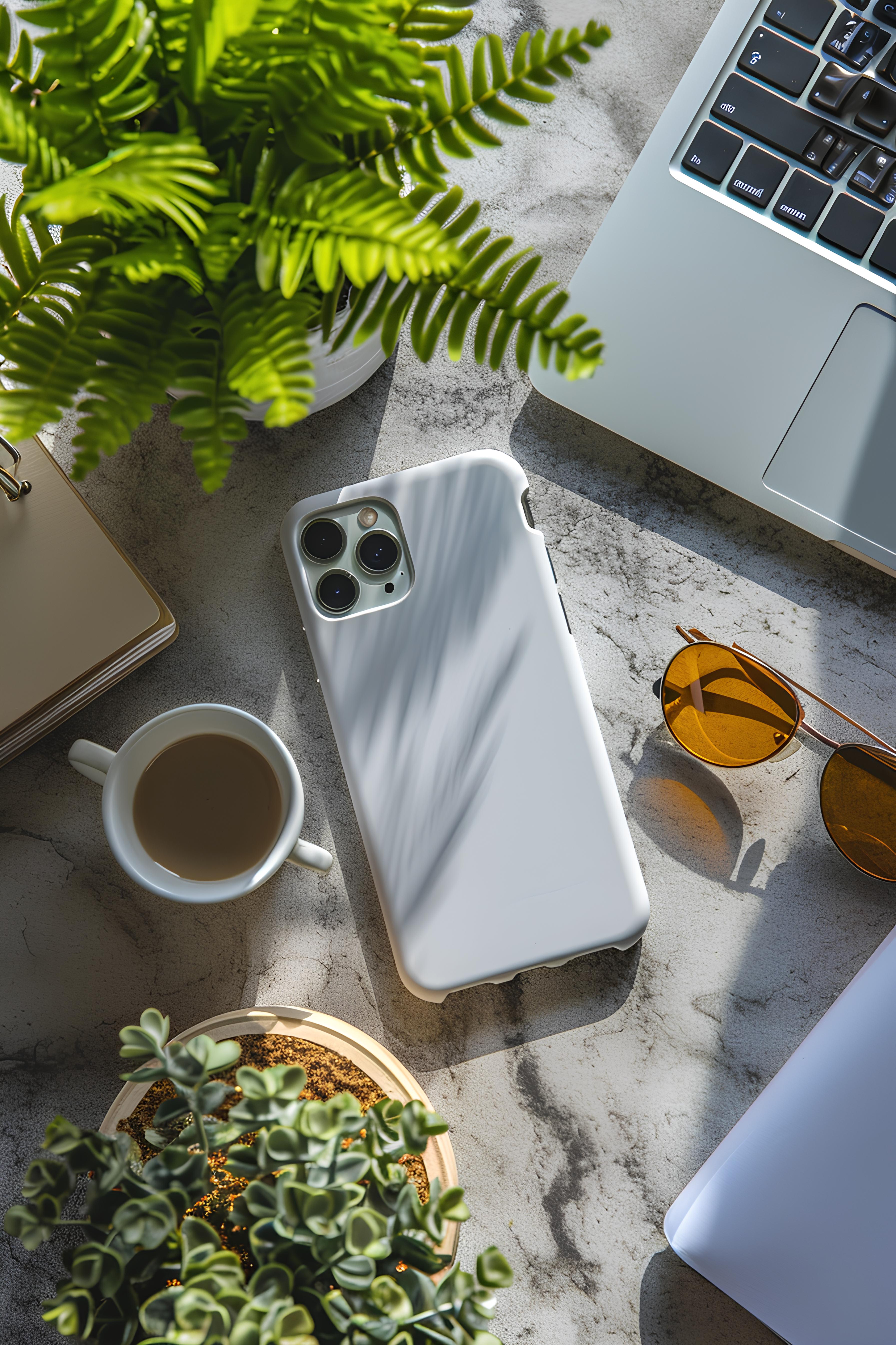 Sleek white iPhone with case on marble desk beside laptop and coffee.