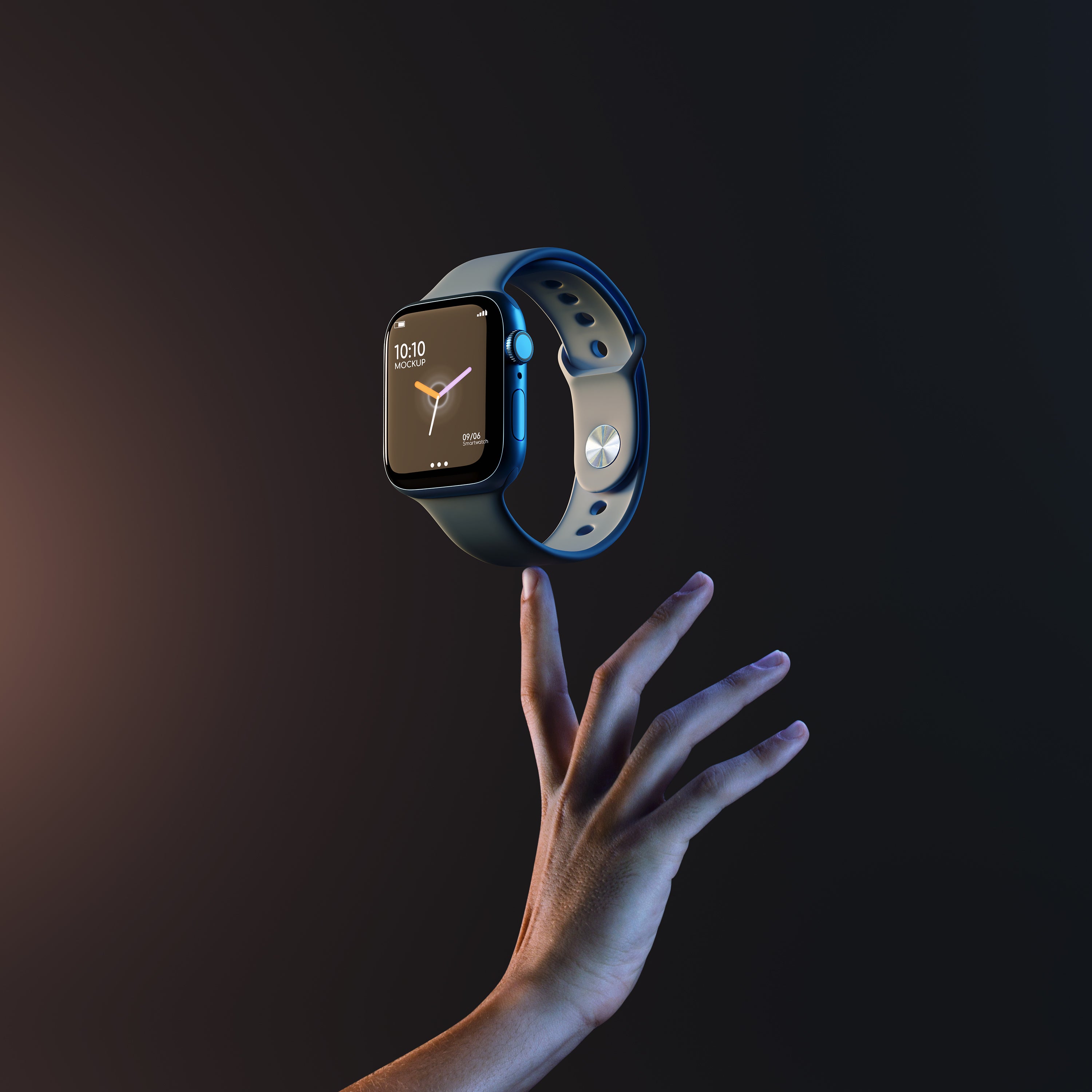 Sleek new Apple Watch floating above hand in dramatic lighting.