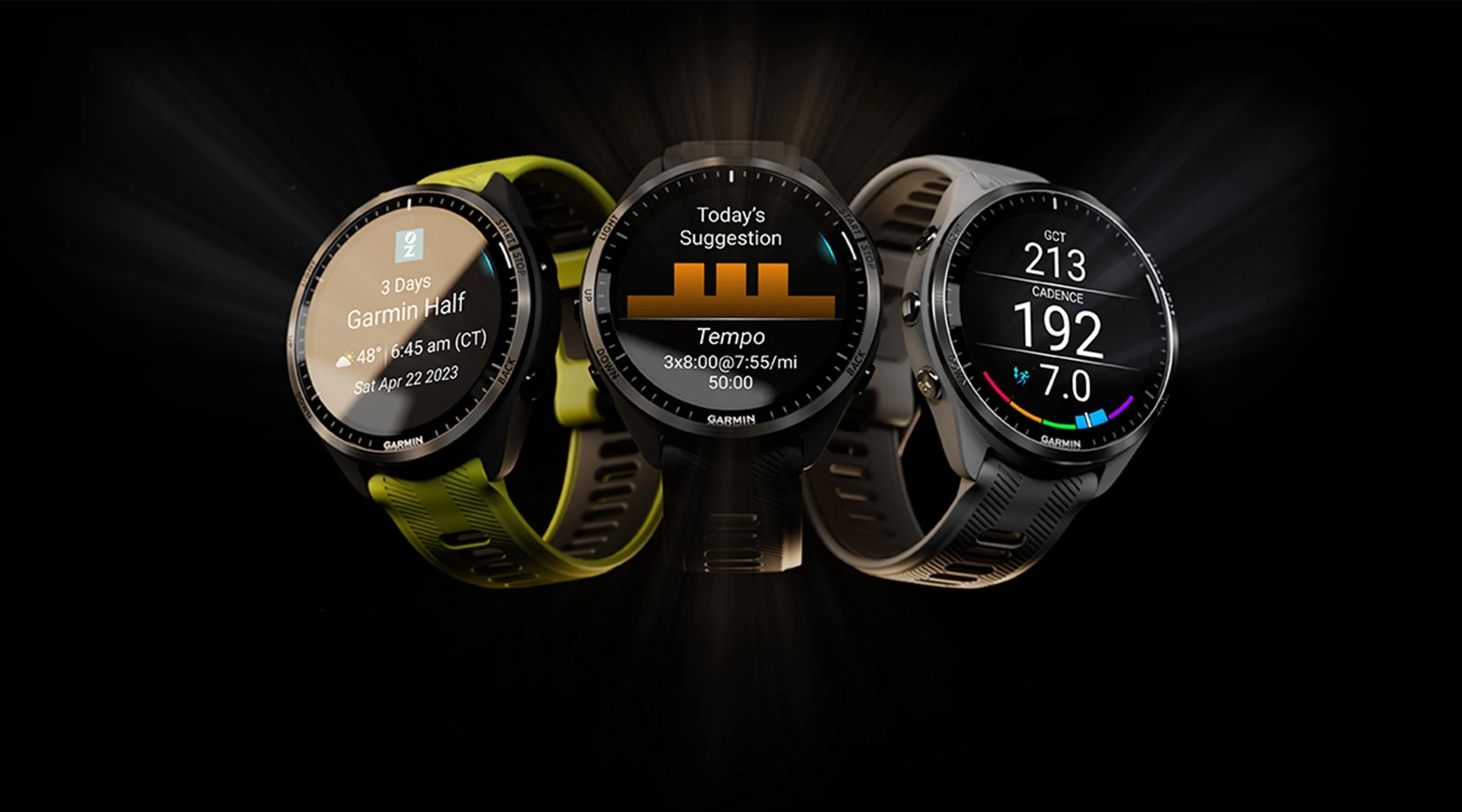 New Garmin smartwatches with fitness tracking and performance metrics.