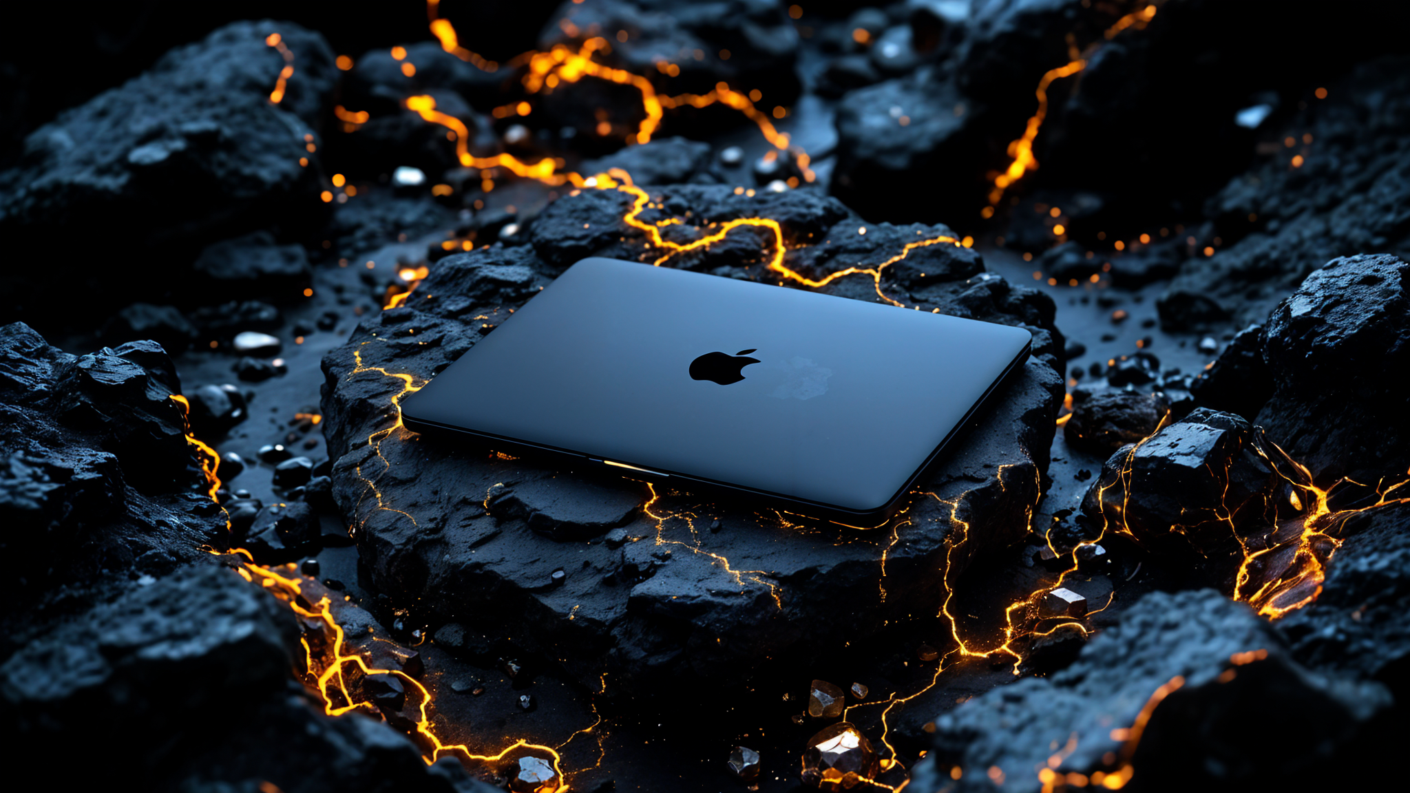 Sleek Apple laptop on cracked volcanic rock with glowing lava veins
