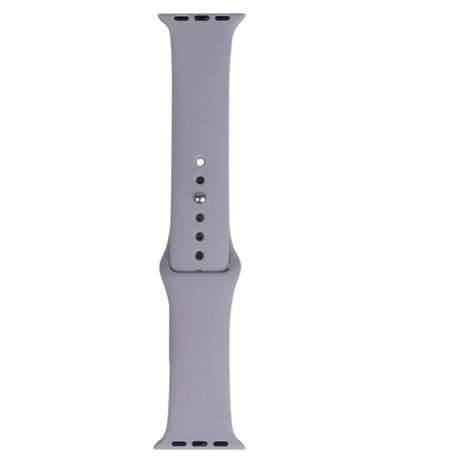 Flat lay of Silicone Apple Watch Band - Sport Strap in lavender gray, showcasing multiple adjustment holes for a customizable and snug fit.