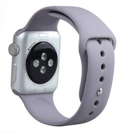 Back view of Silicone Apple Watch Band - Sport Strap in lavender gray, highlighting secure pin-and-tuck closure and smooth finish for all-day comfort.