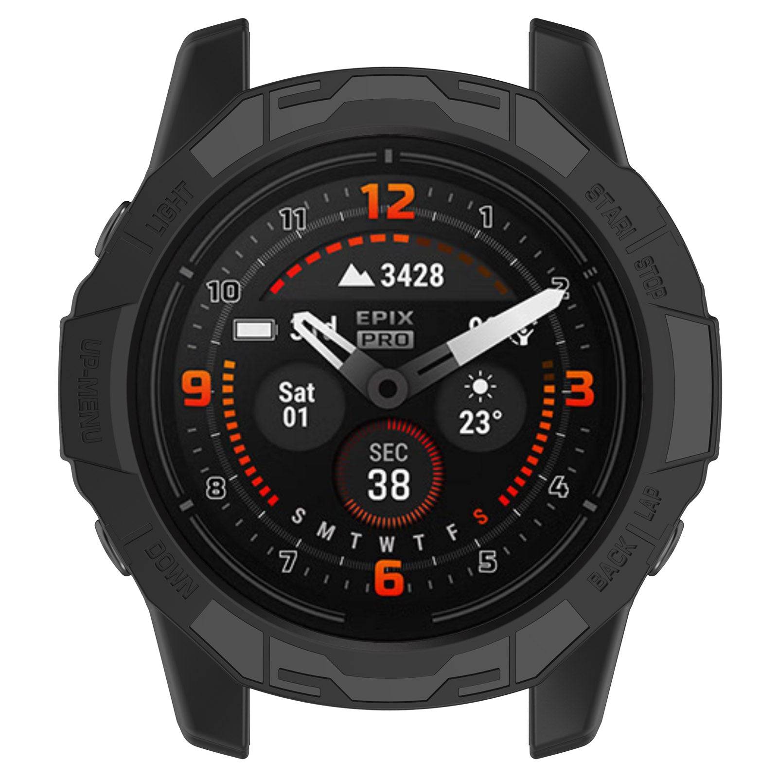 Front view of GARMIN Fenix E in a black armor protective case, showcasing a sporty and durable design for enhanced smartwatch protection.