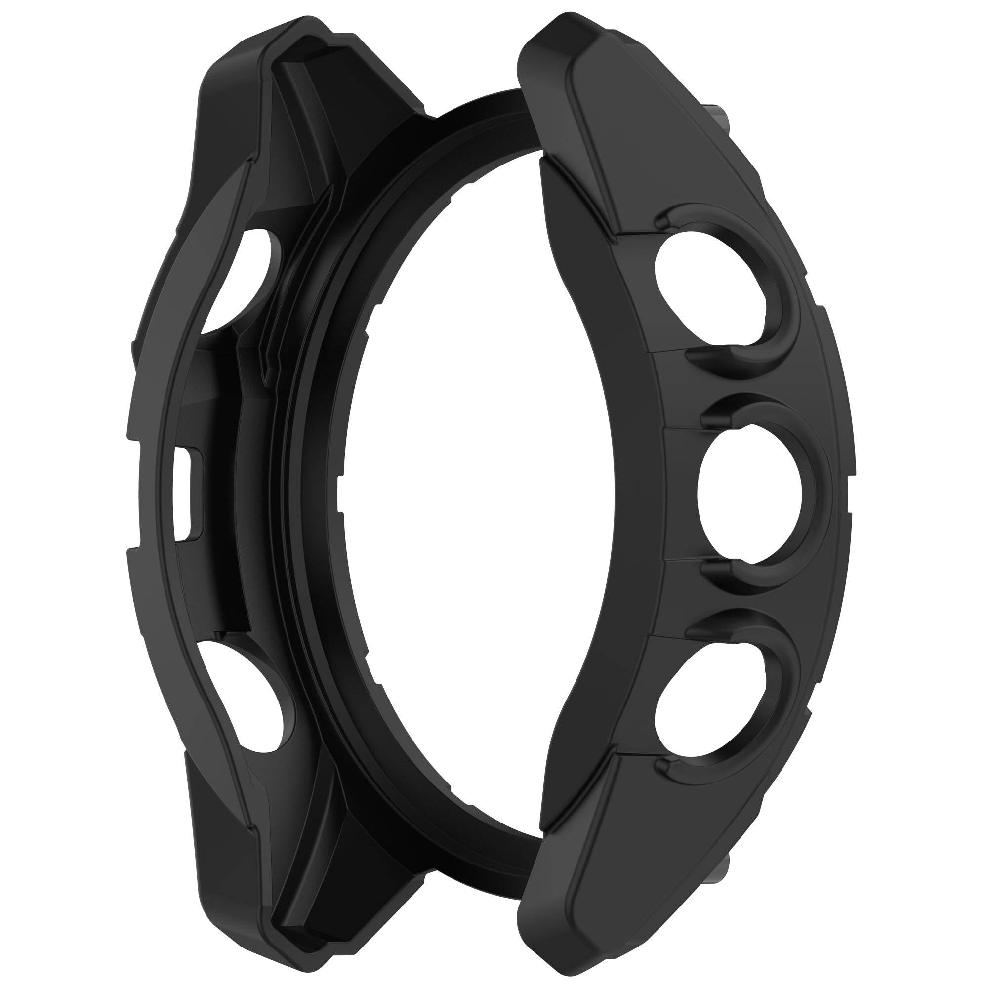 Angled view of Garmin Fenix 8 Solar Case from Zoodle, showing rugged frame and ventilation holes for smartwatch protection.