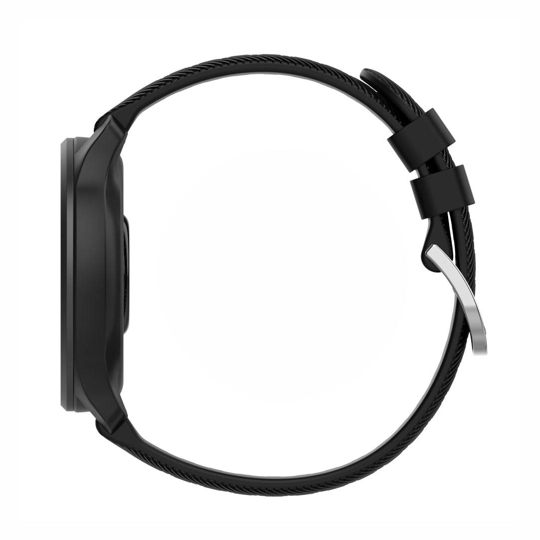 Side profile of Classic Silicone Watch Band for GARMIN in black, showing slim and ergonomic design with secure buckle closure.