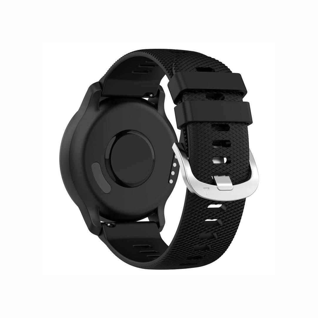 Back view of Classic Silicone Watch Band for GARMIN in black, showing textured strap and durable silver buckle for secure fit.