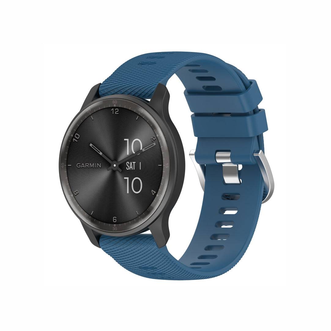 Classic Silicone Watch Band for GARMIN in blue with textured finish and silver buckle, designed for secure and stylish fit on VivoMove Trend.