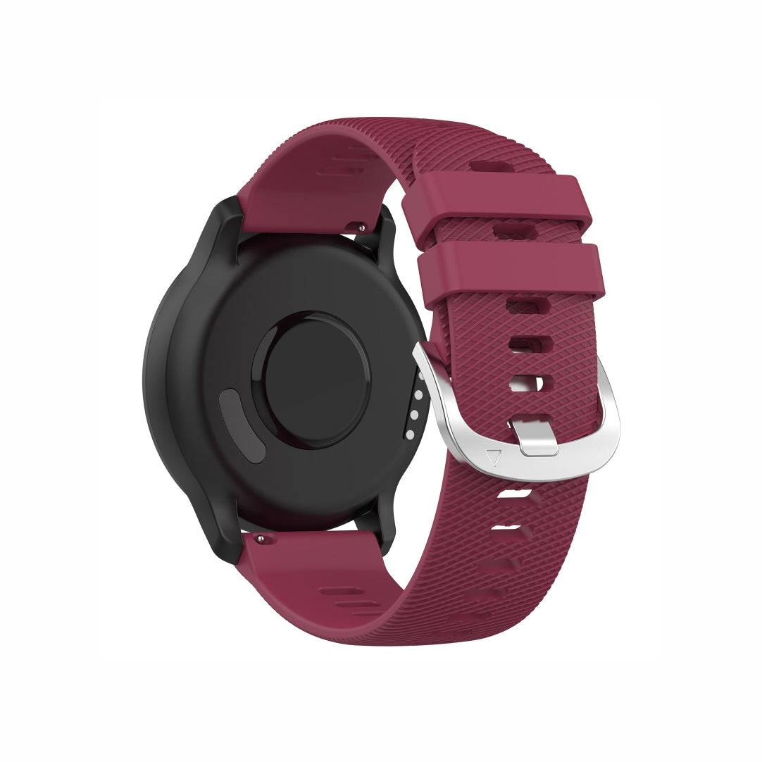Back view of Classic Silicone Watch Band for GARMIN in maroon, showcasing textured silicone and silver buckle for comfort and style.