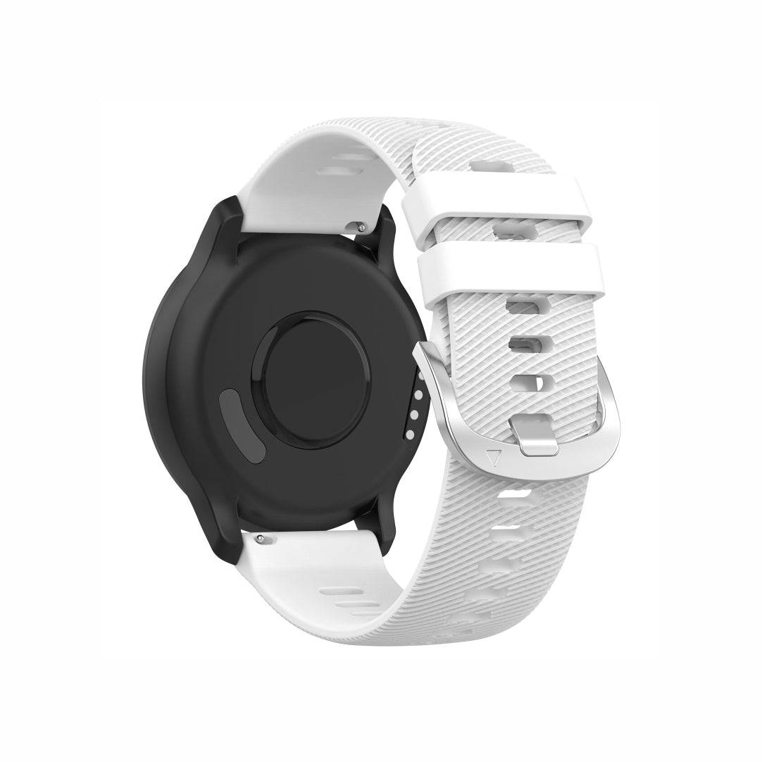 Back view of Classic Silicone Watch Band for GARMIN in white, featuring breathable silicone and strong silver buckle.