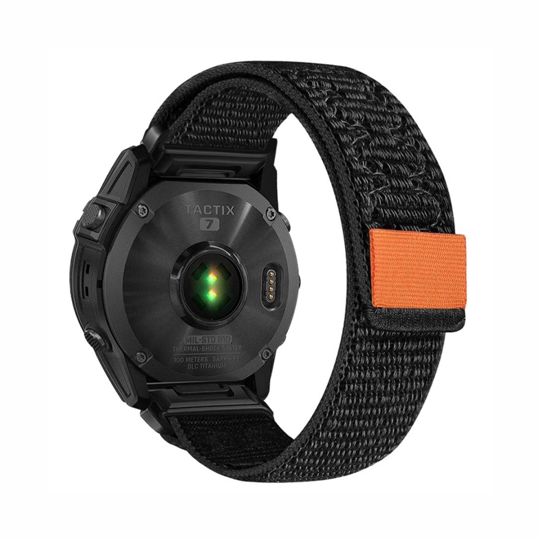 Rear view of black Comfort Nylon Velcro Band for GARMIN with orange Velcro tab, showcasing breathable and sweat-resistant design.