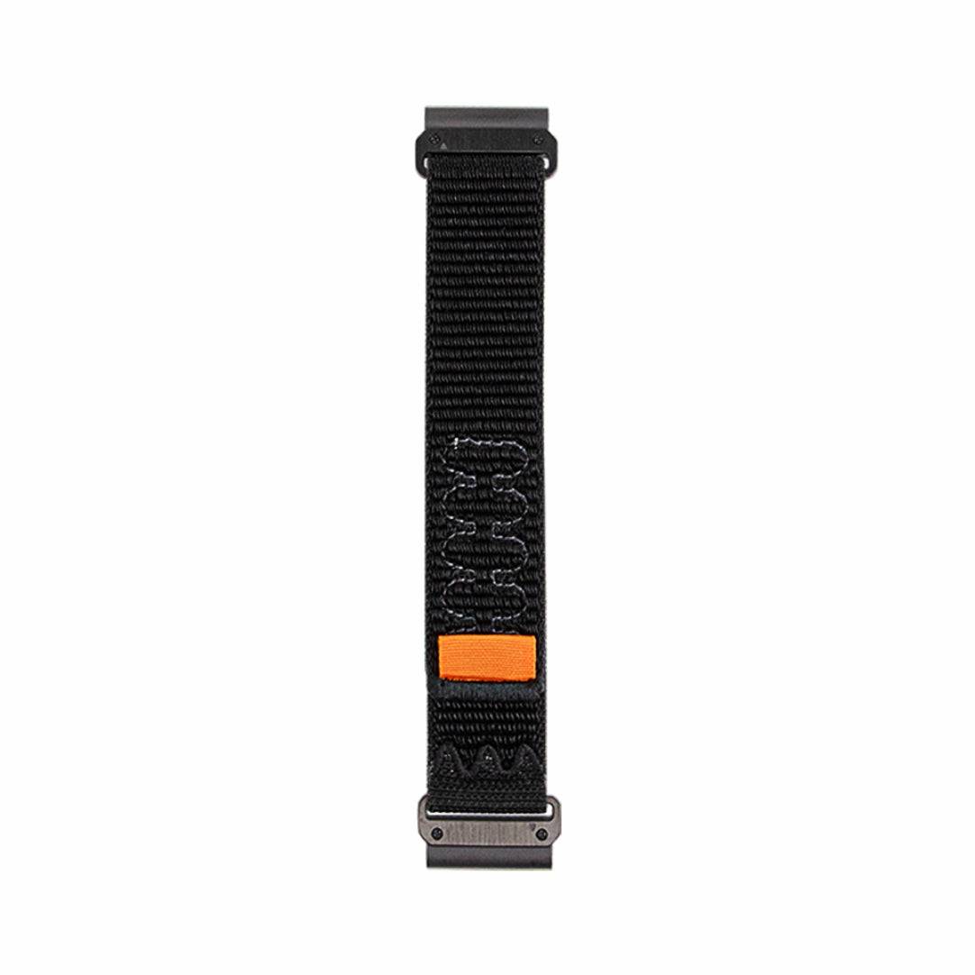 Black Comfort Nylon Velcro Band for GARMIN laid flat, showing durable stitching and orange Velcro tab for secure fit.