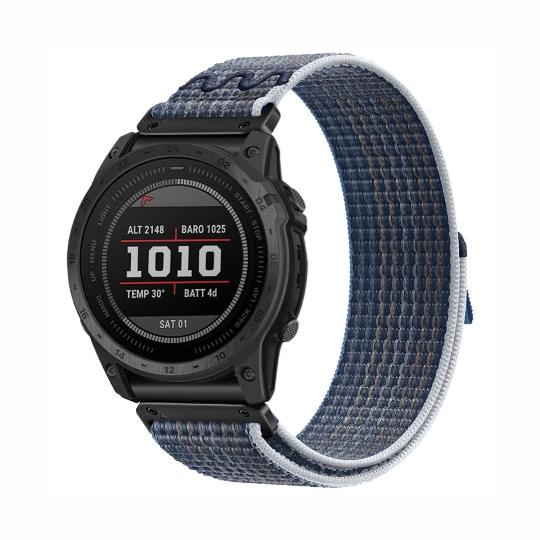 Blue Comfort Nylon Velcro Band for GARMIN QuickFit 22/26mm, adjustable and sweat-resistant for both men and women.