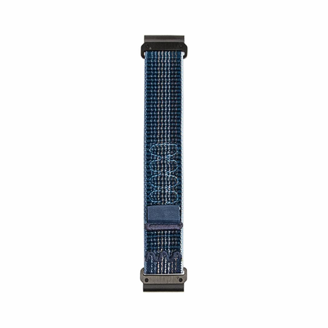 Flat view of blue Comfort Nylon Velcro Band for GARMIN QuickFit, featuring breathable weave and strong Velcro closure.