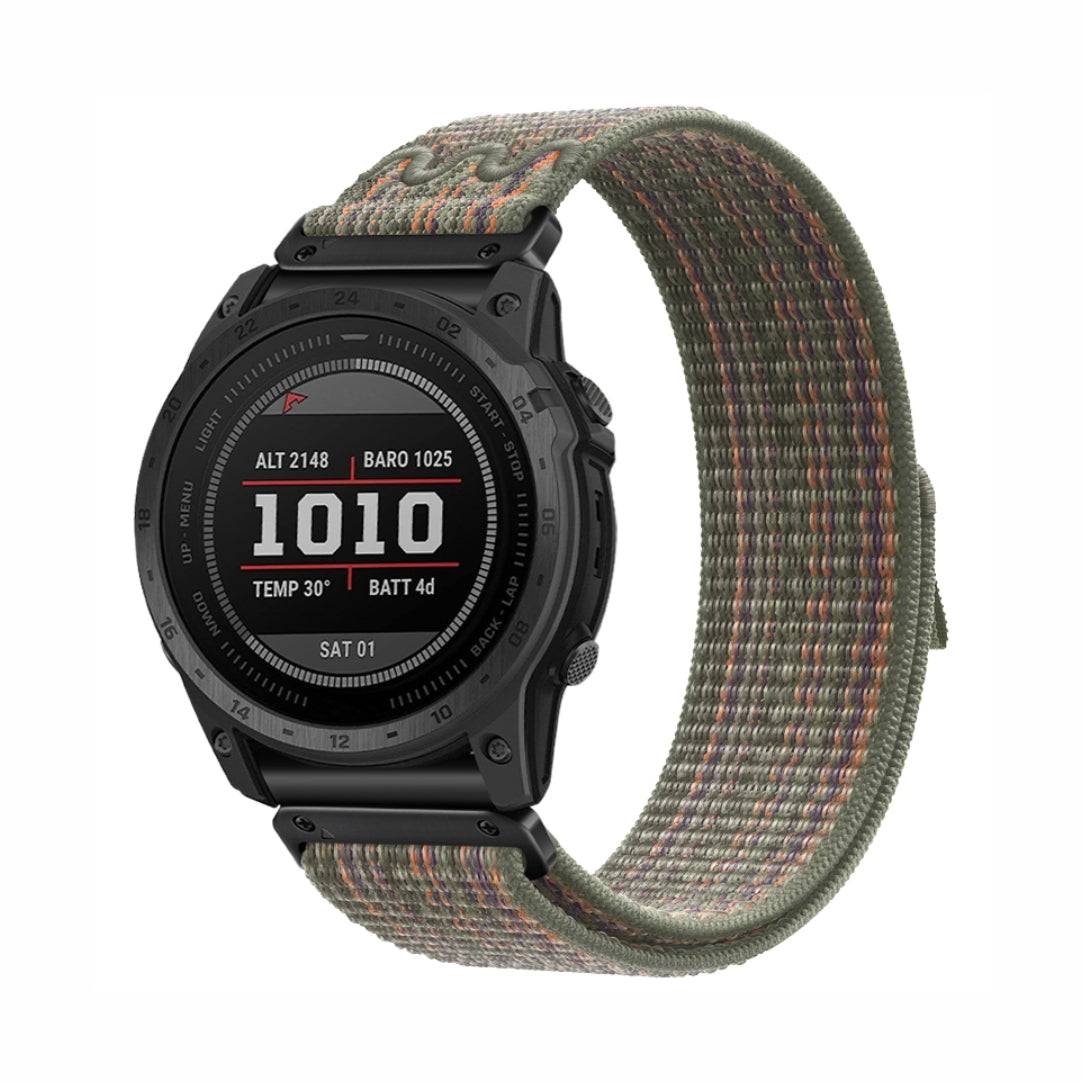 Multicolor green Comfort Nylon Velcro Band for GARMIN QuickFit 22/26mm, lightweight and adjustable for all-day comfort.
