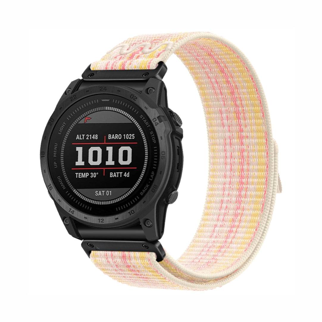Pink and yellow Comfort Nylon Velcro Band for GARMIN, breathable and stylish QuickFit strap for 22/26mm smartwatches.