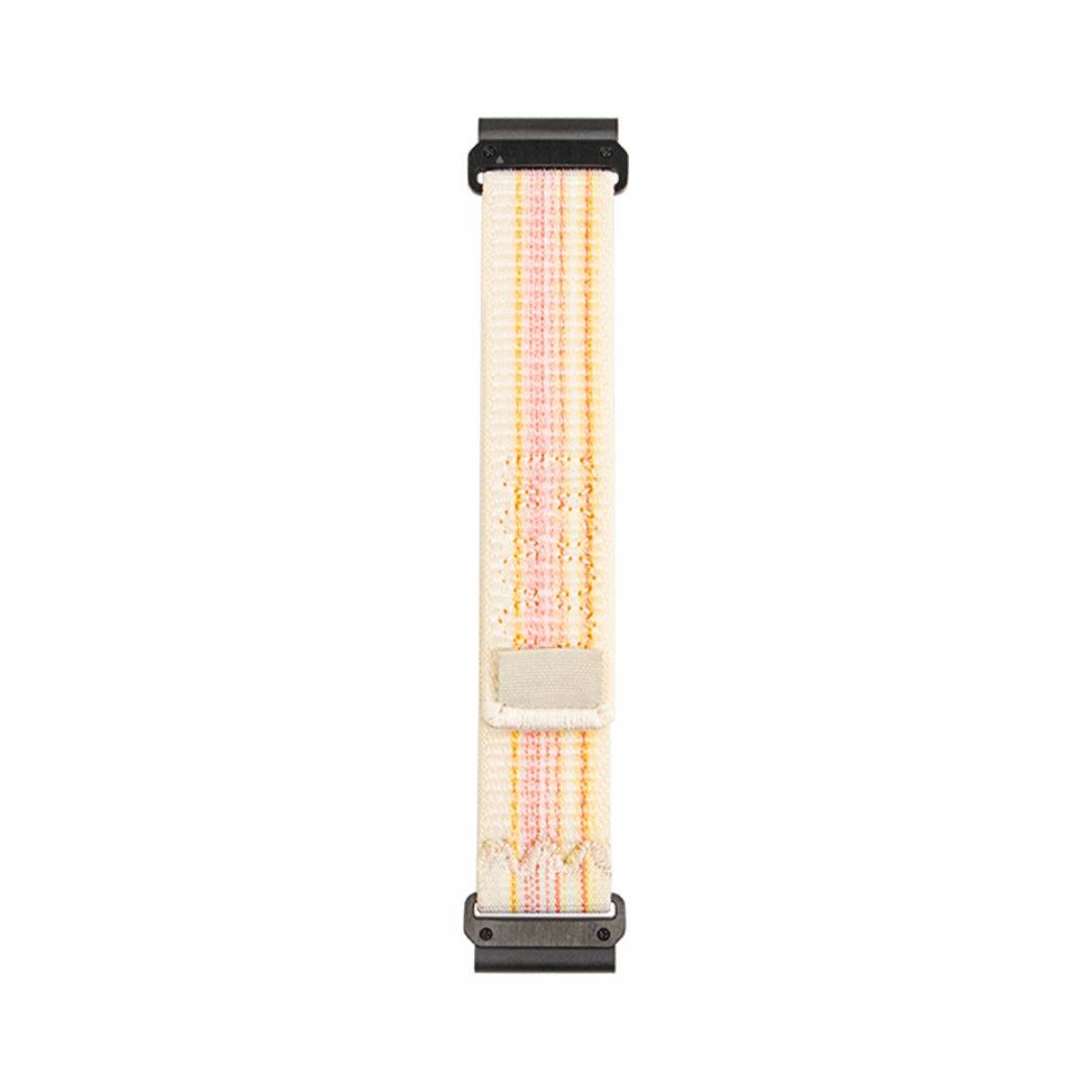 Flat view of pink and yellow Comfort Nylon Velcro Band for GARMIN, breathable and stylish strap for 22/26mm smartwatches.