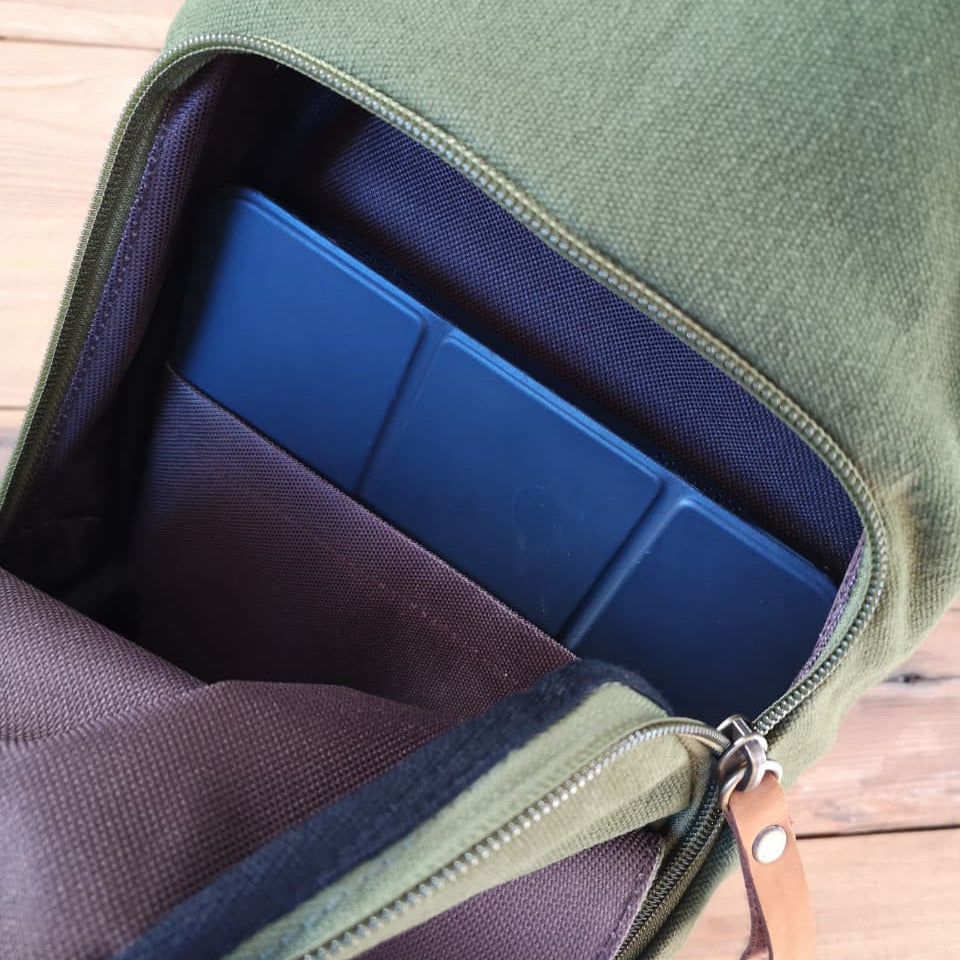 Interior of Zoodle Olive iPad Sling Bag showing secure tablet compartment, ideal for carrying iPads and essentials in South Africa.