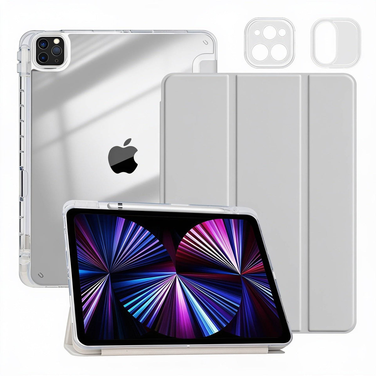 Clear, transparent iPad case with camera cutouts, designed for iPad with triple camera system, showcasing sleek protective design