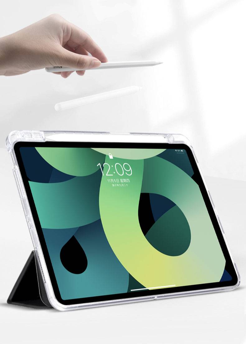 iPad with protective transparent case and stylus, featuring a sleek design, precise cutouts, and a stand for easy use, SKU: IPDD07-104