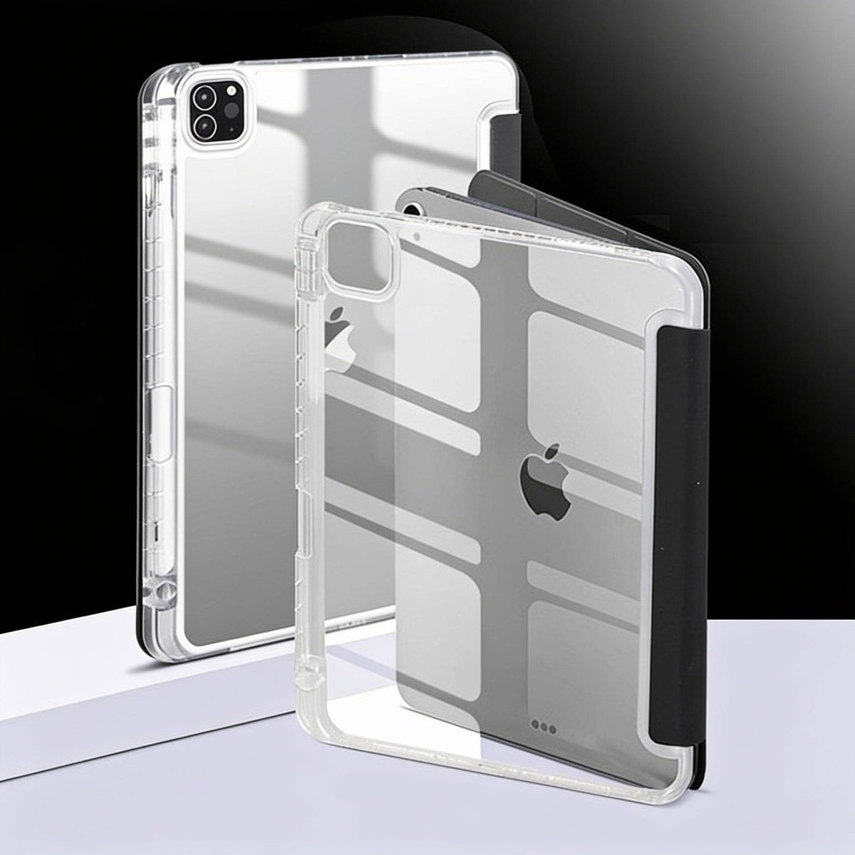 Close-up of clear iPad case with camera cutouts, showcasing slim profile and protective features for Apple devices