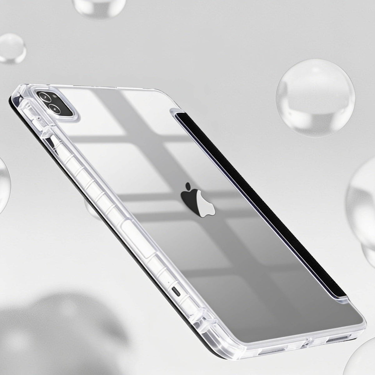 Transparent iPad case with precise cutouts, designed for sleek protection, shown with a stylus and stand, south africa