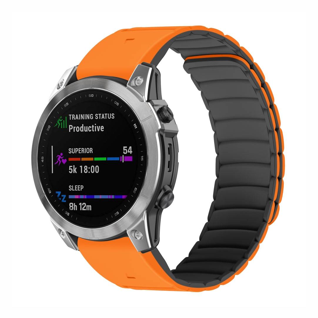 Shell QuickFit Magnetic Silicone Strap for GARMIN in orange and black, shown on a smartwatch with a sleek, secure fit for 22mm or 26mm sizes.