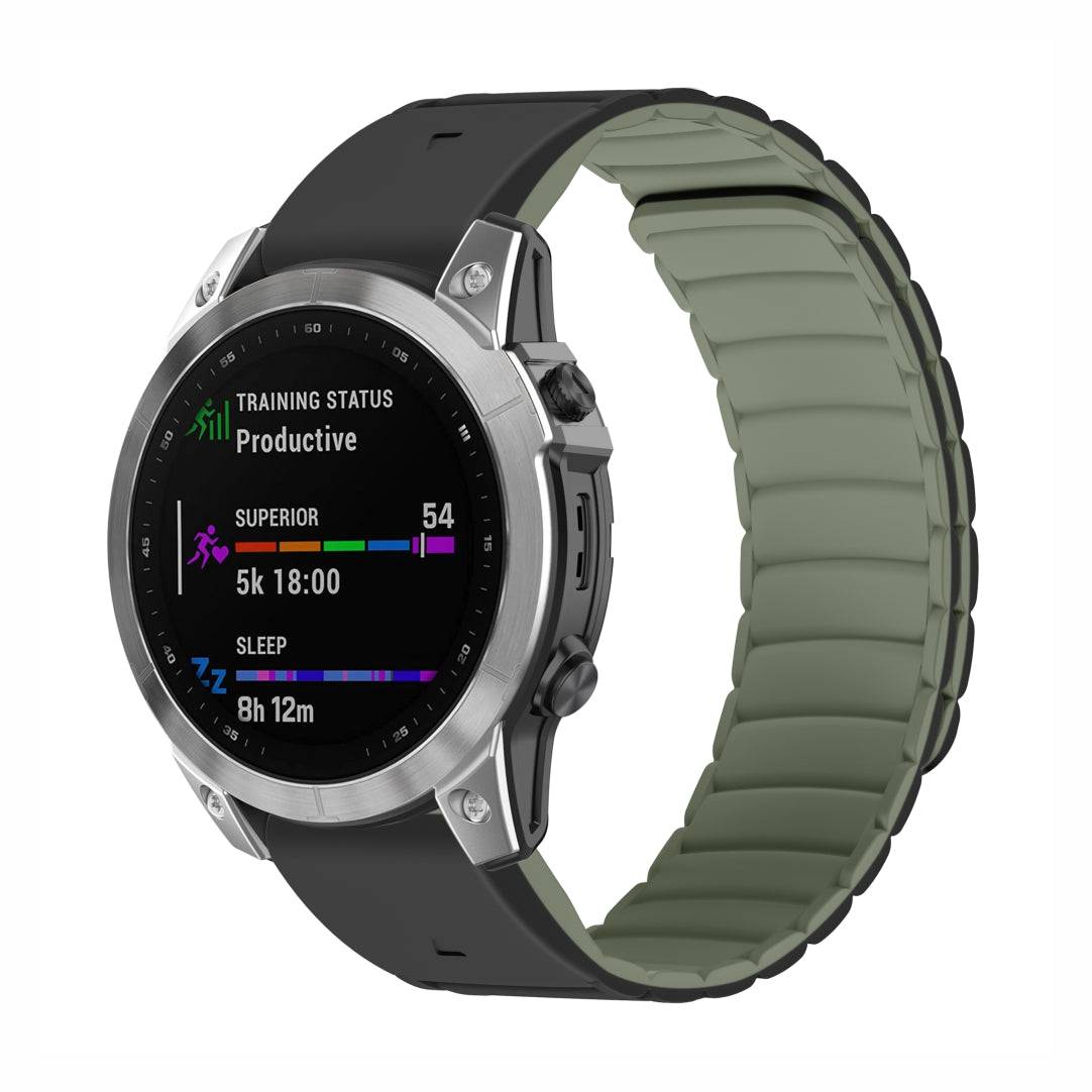 Shell QuickFit Magnetic Silicone Strap for GARMIN in black and green, shown on a Garmin smartwatch, built for comfort and durability.