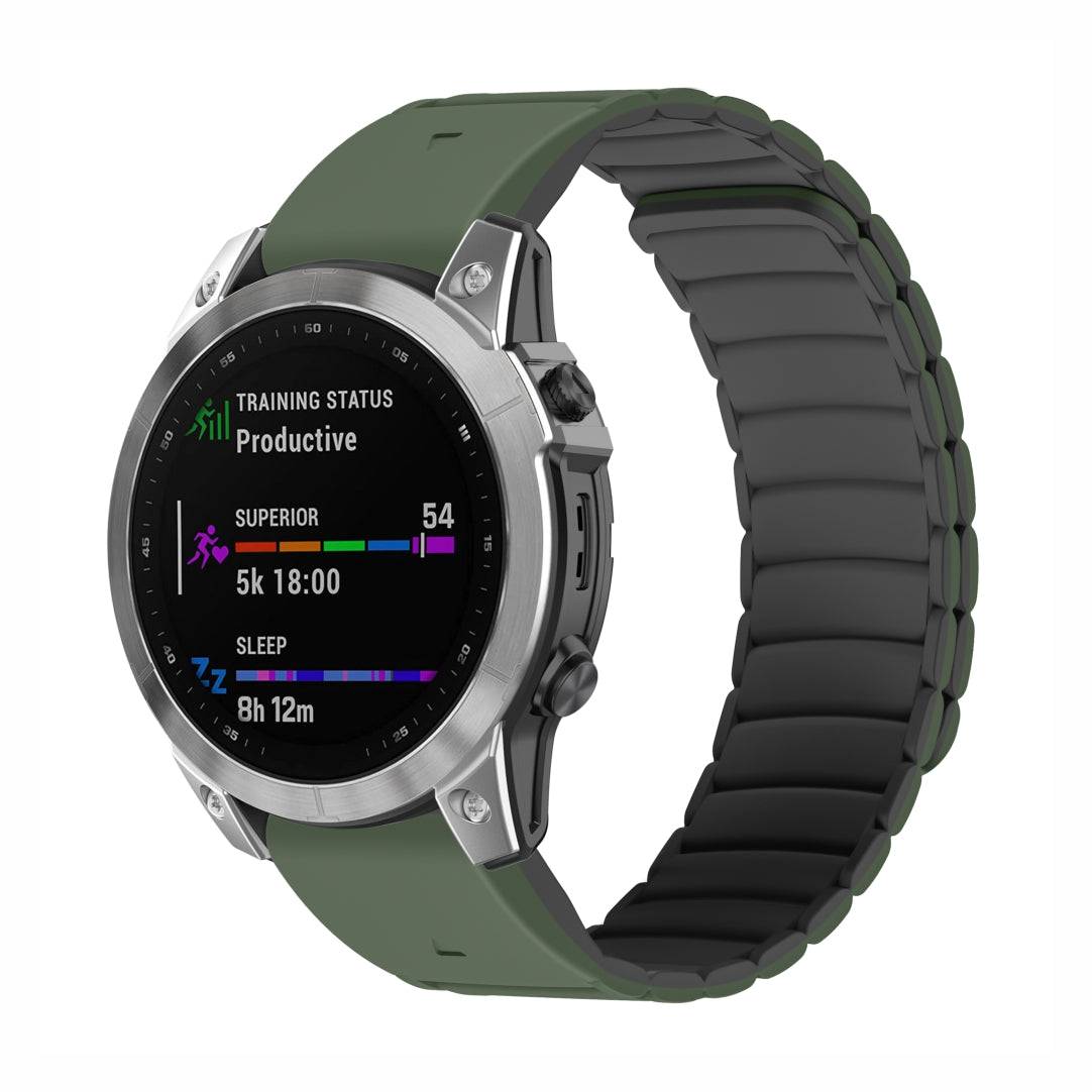 Shell QuickFit Magnetic Silicone Strap for GARMIN in green and black, fitted on a Garmin watch, designed for active lifestyles and easy swapping.