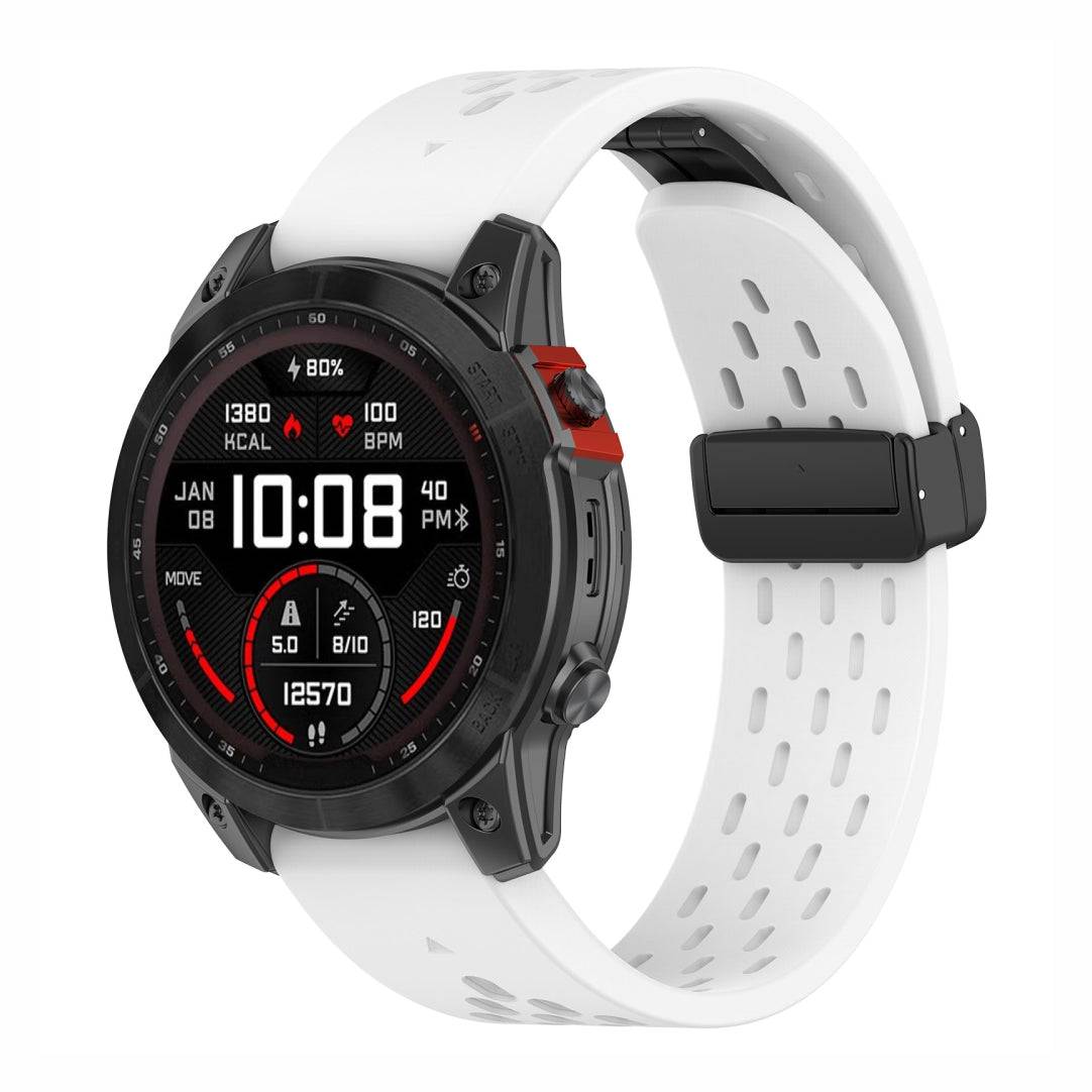 Sport QuickFit Silicone Strap for GARMIN in white with breathable mesh and black buckle, compatible with 20mm, 22mm, and 26mm Garmin watches.