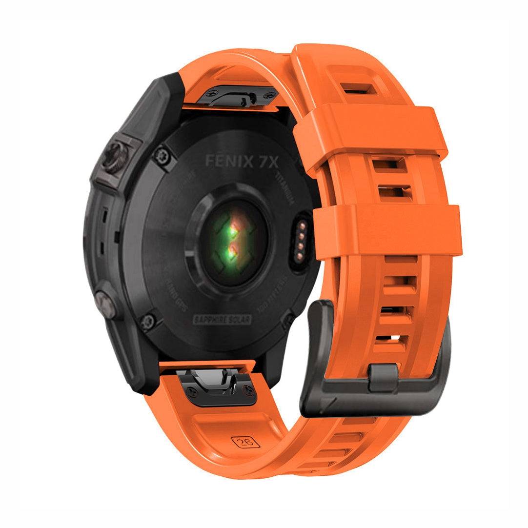 Back view of orange SportX QuickFit Silicone Strap for GARMIN Fenix 7X, waterproof and breathable strap with rugged design.