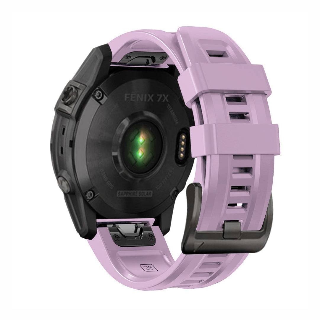 Back view of light purple SportX QuickFit Silicone Strap for GARMIN Fenix 7X, breathable and rugged for outdoor activities.