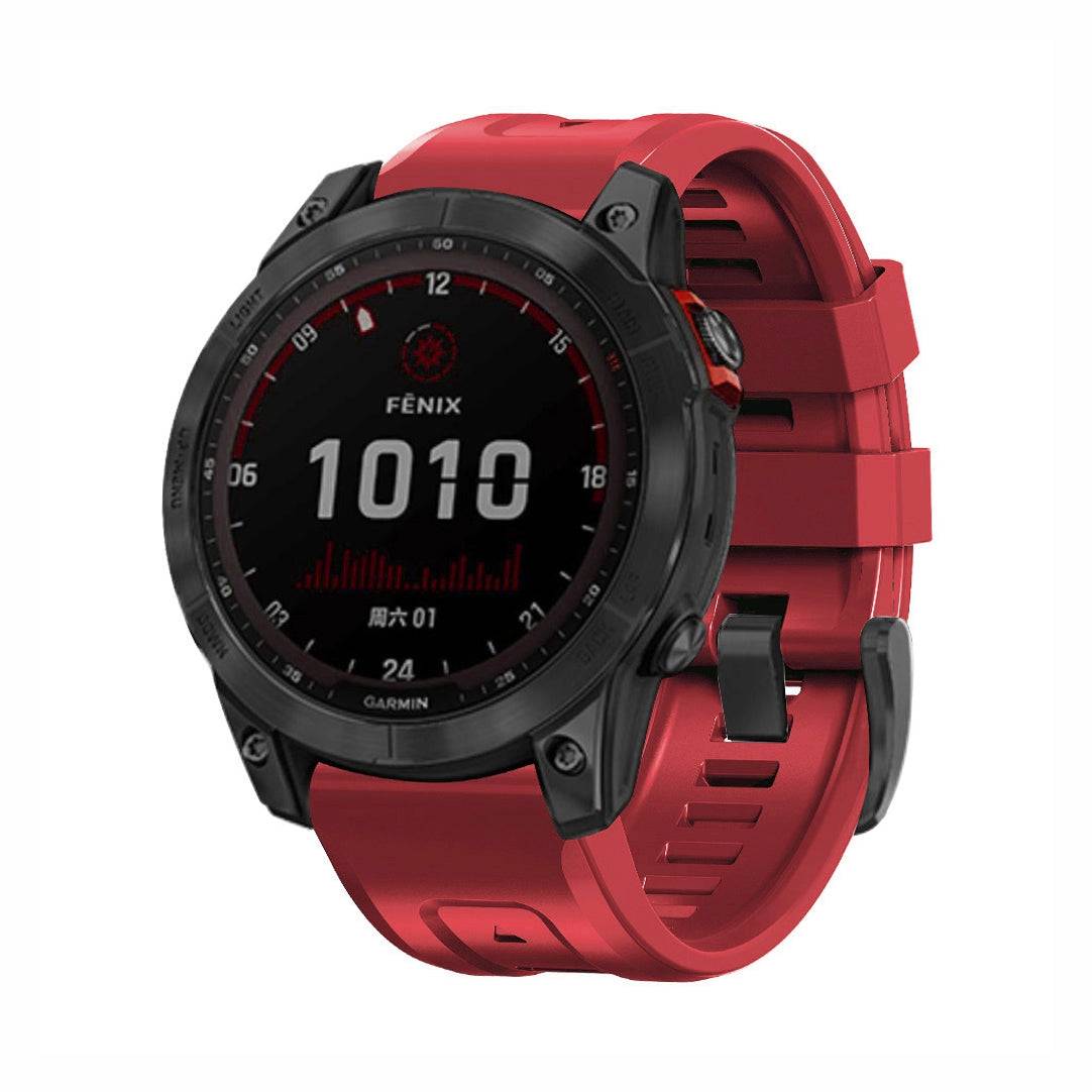 SportX QuickFit Silicone Strap for GARMIN in red with rugged black buckle, waterproof and compatible with Fenix 7 and 7X.
