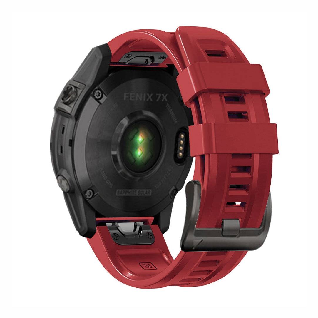 Back view of red SportX QuickFit Silicone Strap for GARMIN Fenix 7X, waterproof and durable with black buckle closure.