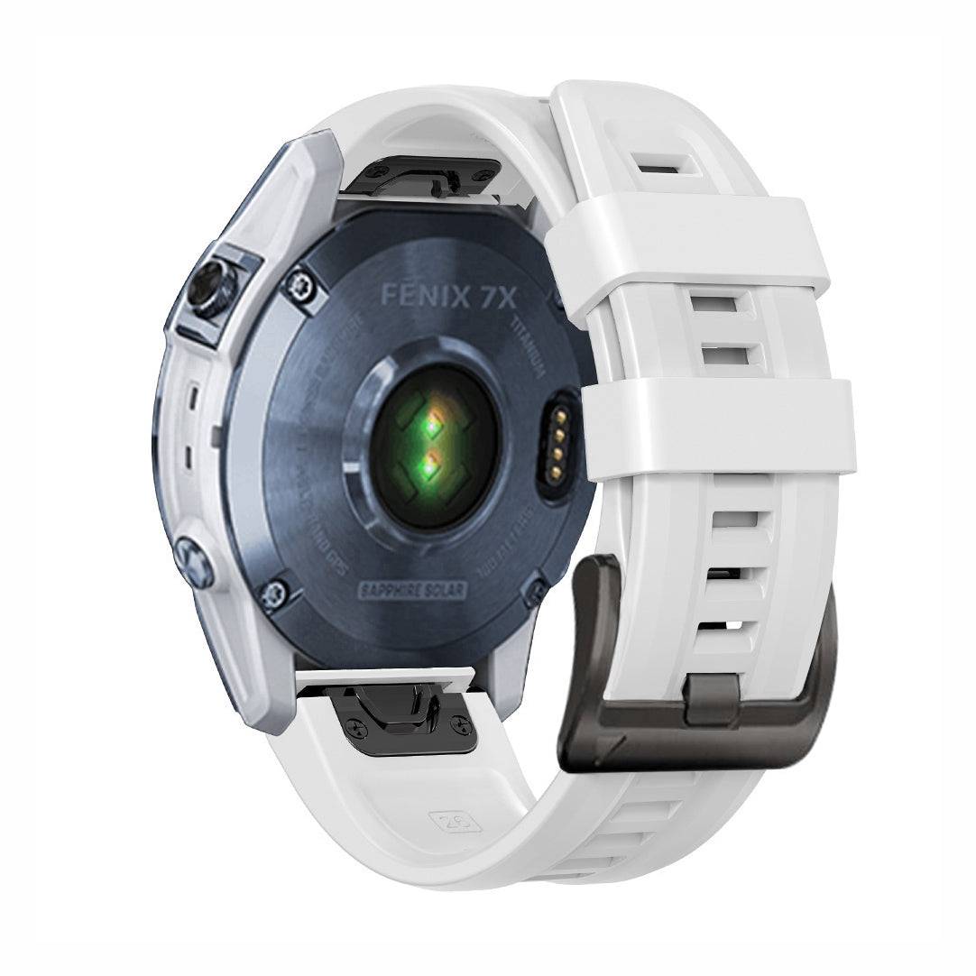 Back view of white SportX QuickFit Silicone Strap for GARMIN Fenix 7X, sleek and durable silicone band with strong black buckle.
