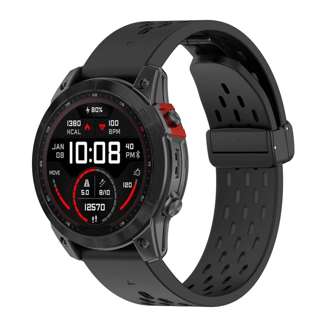 Sport QuickFit Silicone Strap for GARMIN in black, featuring breathable mesh silicone and folding clasp for a secure fit during outdoor activities.