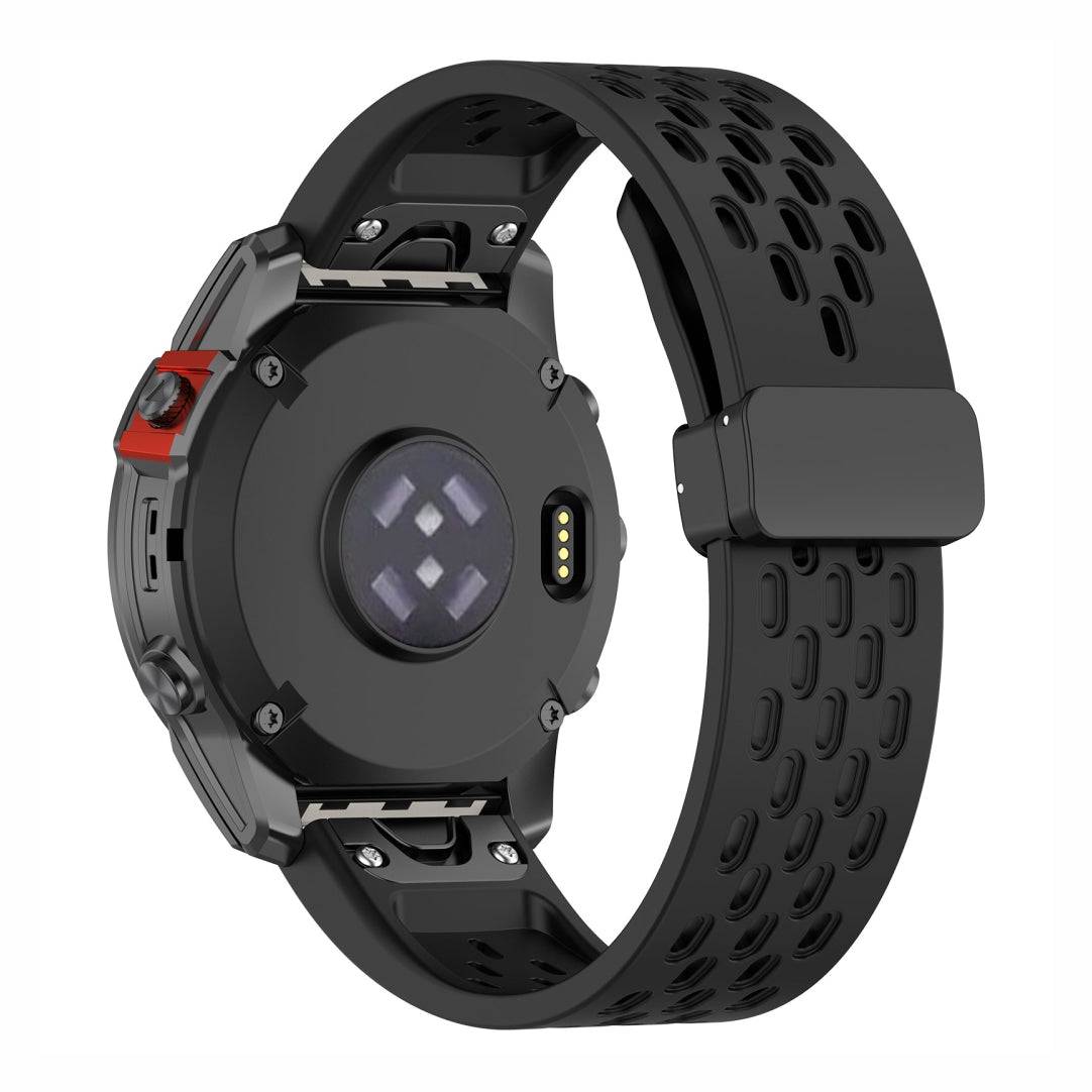 Back of black Sport QuickFit Silicone Strap for GARMIN with breathable mesh and folding clasp, designed for secure wrist fit.