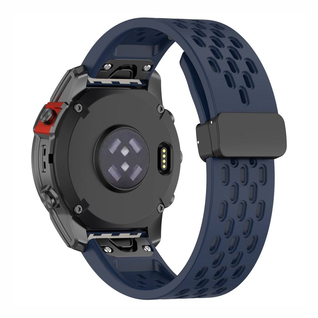 Rear view of navy blue Sport QuickFit Silicone Strap for GARMIN with mesh silicone and QuickFit attachment for 20mm, 22mm, and 26mm models.