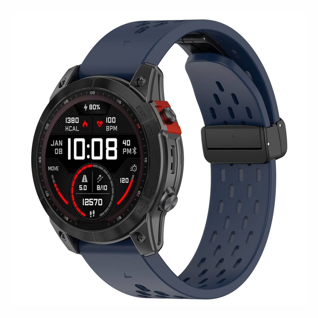 Navy blue Sport QuickFit Silicone Strap for GARMIN with perforated silicone and secure clasp, suitable for QuickFit 20mm, 22mm, and 26mm.