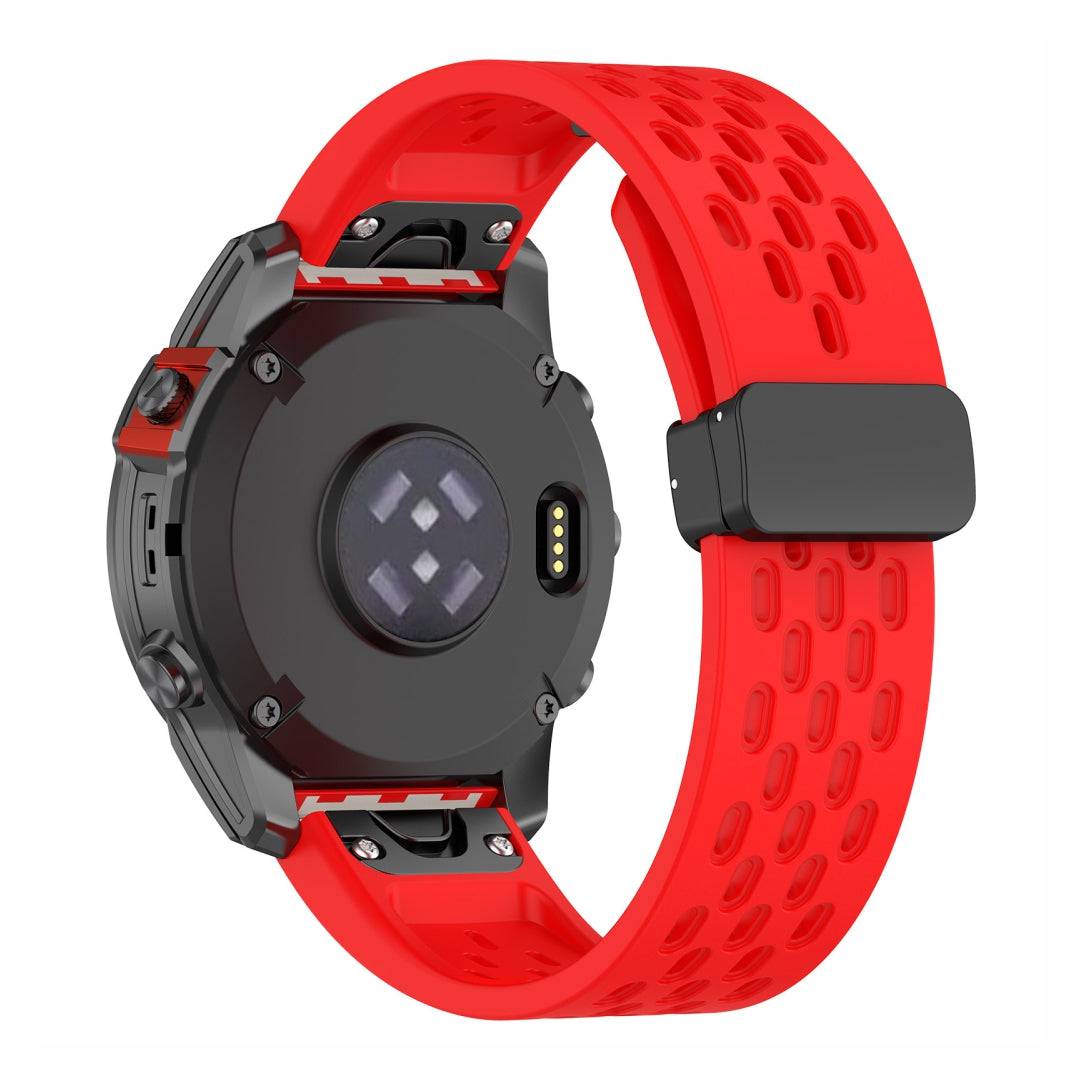 Rear view of red Sport QuickFit Silicone Strap for GARMIN showing mesh silicone and QuickFit system for fast strap changes.