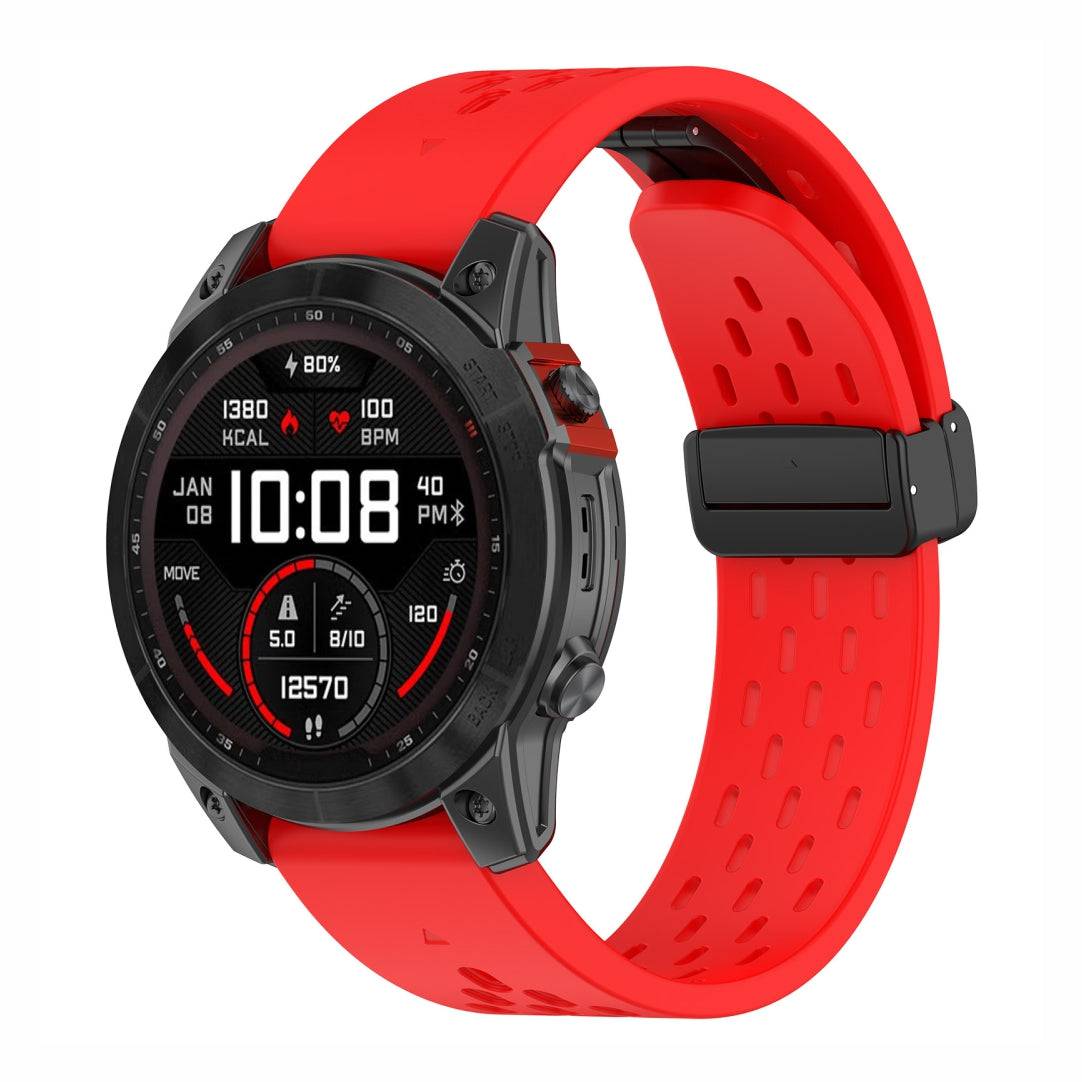 Red Sport QuickFit Silicone Strap for GARMIN with perforated design and black buckle, ideal for sporty and rugged use.