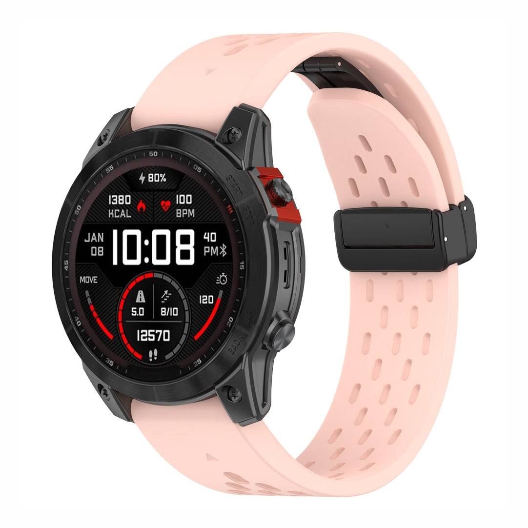 Light pink Sport QuickFit Silicone Strap for GARMIN with mesh silicone and black buckle, designed for comfort and flexibility.
